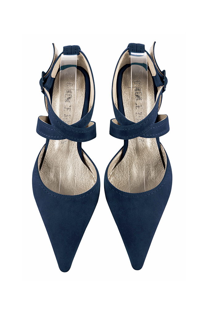 Women's navy blue open side dress shoes, with crossed straps. Pointed toe. High spool heels - Top view